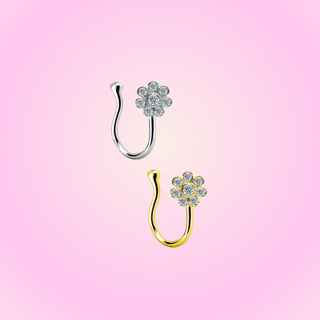 Fake Nose Piercing Flower Silver